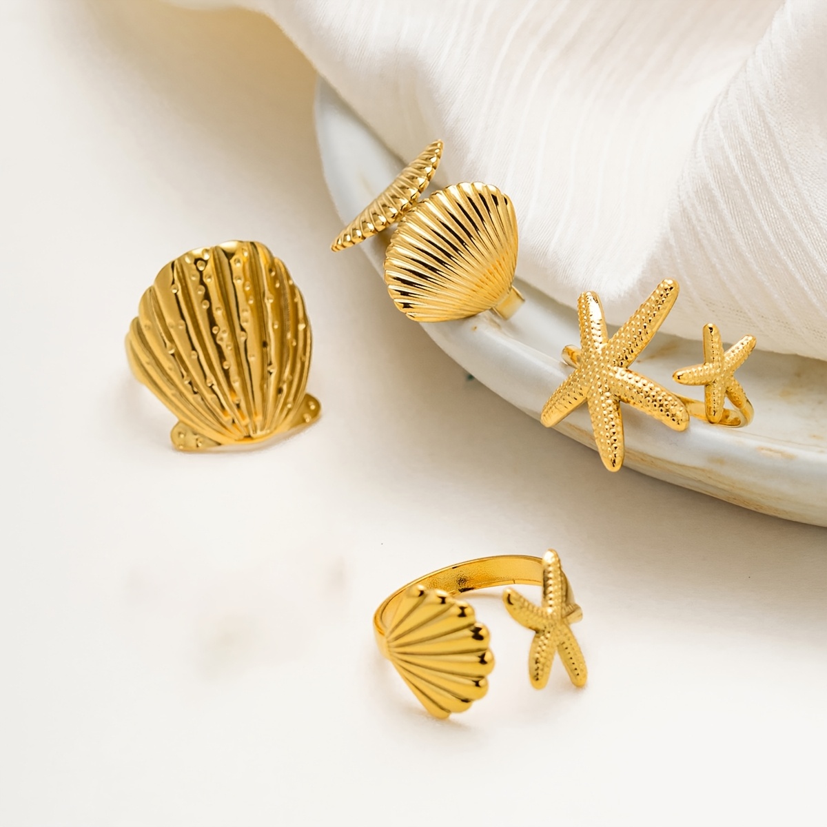 4pcs Ocean-Themed Starfish and Seashell Adjustable Ring Set for Women